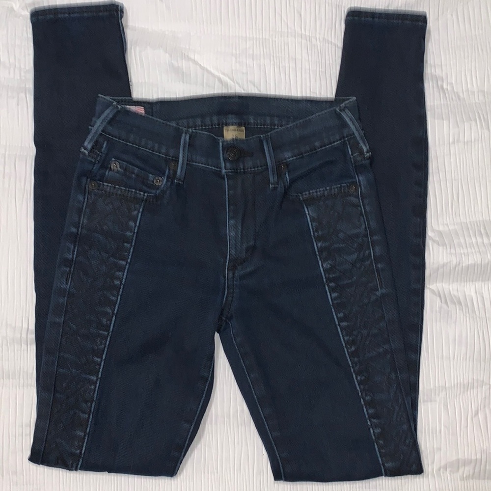 TRUE RELIGION "HALLE MID-RISE SUPER SKINNY" Jeans In "BATHED COATED NIGHT" sz 25